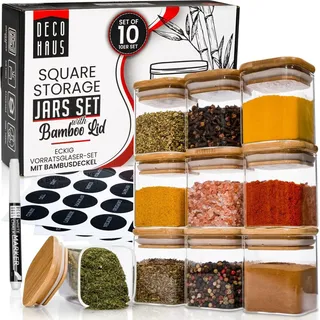 Deco haus Gewürzgläser Eckig mit Gewürzetiketten 10er Set - Gewürzdosen Set mit Holzdeckel Vorratsgläser Set für Deine Gewürze Aufbewahrung ...