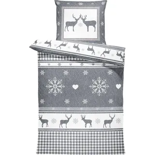 4 teilig Flausch Bettwäsche 135x200 cm Landhaus Hirsch grau Winter Thermofleece - Grau