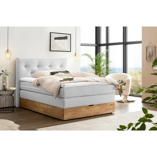 Belanoti Boxspringbett Marbo (Boxspringbett 140x200 mit Bettkasten, 7-Zonen Taschenfederkern Matratze inklusive Visco Topper), Bett 140x200 Eiche in der Farbe Weissgrau H2/H3 Polsterbett grau|weiß