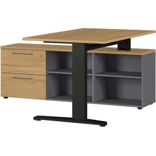bümö Schreibtisch 140x80 cm mit integriertem Sideboard in Eiche-Graphit, Eckschreibtisch mit Schubladen & Regal - Winkelschreibtisch L-Form, PC
