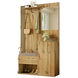 SeedWave Garderobe Kompaktgarderobe mit Spiegel, Sitzbank, Regenschirmhalter, Schuhfächer, Standgarderobe inkl. 1 Hängeregal, 4 Haken und Stauraum