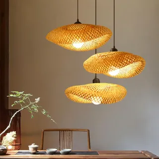 FUMIMID Bambus Pendelleuchte 3 Leuchte Retro Stil Rattan Laterne Kronleuchter Antik Holz Esszimmer Lampe Landhaus Hängelampe Wicker Lampenschirm Schlafzimmer Wohnzimmer Deckenlampe E27 Pendellampe