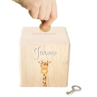 wunderwunsch Personalisierte Kinderspardose, Spardose Junge, Mädchen | Holzspardose Kinder personalisiert, Taufgeschenke für Kind, Baby Geschenk Geburt, Holz Sparschwein mit Schlüssel