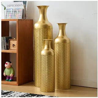 LVHOM Dekovase Bodenvase, Tischvase, 3 tlg. Geometrisches Metall-Vasen-Set, Gold (drei Höhen (50 cm, 66 cm, 83 cm), Handgefertigt aus Metall. Langlebig & makellos. Exklusiv für Trockenblumen/Pampas & Stil, Ideal als Raumteiler, Pflanzübertopf, Solitärobjekt kreativ gestapelt) goldfarben
