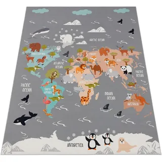 Paco Home Teppich Kinderzimmer Kinderteppich Tier Welt Motiv rutschfest Grau Blau Braun, 200x290 cm