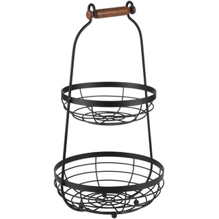 APS Serviergestell mit Zwei Körben und Holzgriff - 2-stufige Etagere aus Metall, Schwarz, Höhe 48 cm, Ø 26 cm