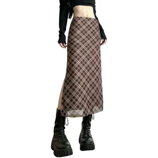 ZBJZUIMEI Rock Frauen Frühling Herbst Plaid Print Wrap Hüften Röcke Knöchel-länge Schlanker Bleistiftröcke Preppy Style Girls Schlitz Mitteltirt-Schokolade-s