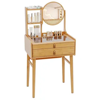 COSTWAY Schminktisch, mit Spiegel, Frisiertisch Bambus mit Schubladen, Glas Tischplatte beige