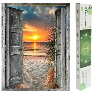 DCIDBEI Diamond Painting Fensterbilder Sonnenuntergang Strand 40x50cm | Diamond Painting Meer und Strand Fenster Perlenbilder Fenster zum Meer Diamant Painting Bilder Erwachsene Perlenbilder Box