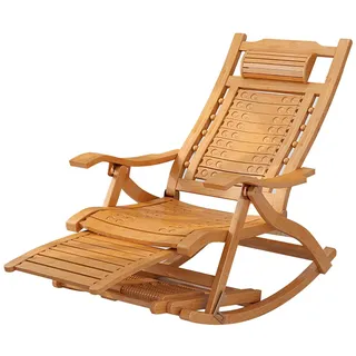 ZXIAOR- Loungesessel Aus Bambus,Garten-Rattanstuhl Im Freien,Home-Balkon-Lounge-Stuhl,Stuhl Mit Klappbarer Rückenlehne/Schaukelstuhl Aus Holz,Kopfstütze Aus Silikon, Kühl Und Atmungsakt(Color:YH-1002)