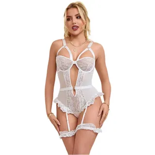 Lau-Fashion Body Unterwäsche mit Strapse Teddy Damen Dessous Spitze Reizwäsche S/XL weiß L/XL