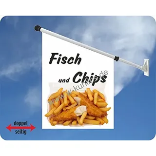 Werbeflagge (Fahne mit über 50 Varianten, Text und Bild, z.B. Eis, Döner, Kaffee, Crepes, Waffeln, Pommes uvm.) Ideal für Kiosk, Restaurant oder Kirmes, weiß (Fisch und Chips)