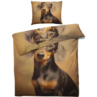 MOBEITI Dackel Bettwäsche 135x200, Hund Motiv Wendebettwäsche, Weiche Kuschelige Mikrofaser Bettbezug Set 2teilig, 1 Kissenbezug 80x80, mit Reißverschluss - Hundemotiv 01