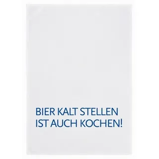 17;30 HOME Geschirrtuch 100% Baumwolle, humorvoller Spruch Bier kalt stellen ist auch Kochen!, umweltfreundlich, weiß-blau, 50x70 cm