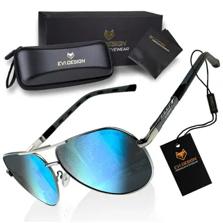 Aviator Sonnenbrille Herren Polarisiert UV400, Blaue Gläser Pilotenbrille verspiegelt, Metallrahmen inkl. Etui & Zubehör-Set, EVI DESIGN Blue - Blau