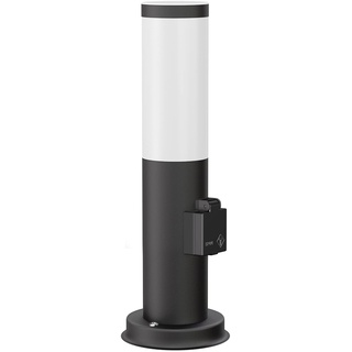 ledscom.de Pollerleuchte PORU mit Steckdose für außen, schwarz, rund, 38,5cm, inkl. E27 Lampe, 471lm, extra-warmweiß