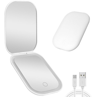 Mini LED Taschenspiegel mit 1X/2X Vergrößerung, USB Wiederaufladbarer Reisespiegel mit 3 Farben & Dimmable, Klein Dimmbarer Touchscreen Schminkspiegel Klappbar Taschenspiegel für Frauen, Weiß
