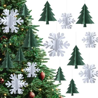 Kiiwah 24 Stück 3D Papier Weihnachtsbaum-Dekoration, Weihnachtsbaum mit Schnur Weihnachtsbaumschmuck Papier Weihnachtsbaum Deko für Die Weihnachtsfeier an Decke, Wand, Tür und Bäumen Hängen