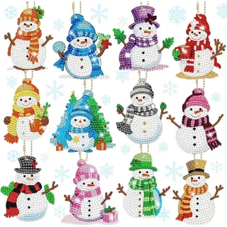 Homgaty Diamond Painting Weihnachten Anhänger - 12 Stück 5D Diamant Painting Schlüsselanhänger Kinder, Doppelseitige DIY Schneemann Diamant Malerei Kit für Weihnachtendeko und Geschenk