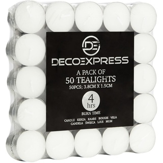 Deco Express Teelichter Multipack 200, 100, 50 oder 24 Stk - 10, 8 oder 4 Std Brenndauer – Bunte & Weiße Teelichter ohne Duft (Weiß, 50/4 Stunden)