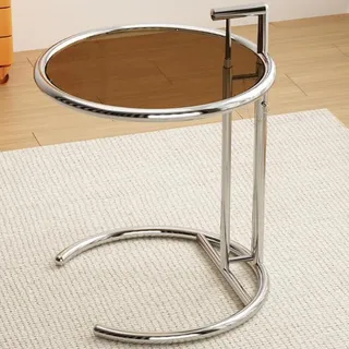 WEIDPHL Runder Beistelltisch Aus Glas, Beistelltisch Aus Edelstahl, Snack-Beistelltisch, Nachttisch, C-Förmiger Beistelltisch Für Couch, Wohnzimmer, Schlafzimmer,Braun