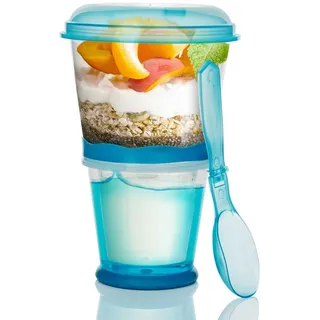 Goods+Gadgets Aufbewahrungsbecher GOODS+GADGETS Müsli To-Go Becher 2in1 mit Kühlfach & Klapp-Löffel, (Milchkühlfach & Klapp-Löffel), Joghurt 2-Go Reise-Becher blau