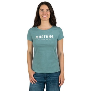 MUSTANG T-Shirt Damen Logo Printshirt Alexia C Logo Slim Fit (1-tlg) Basic Kurzarm Tee Shirt mit Rundhalsausschnitt aus 100% Baumwolle blau M