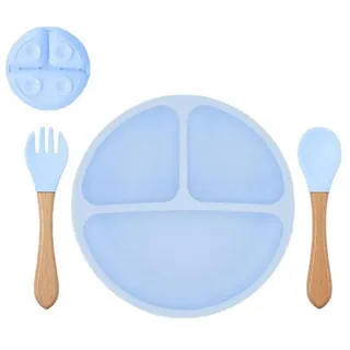 König Design Kindergeschirr-Set Babyteller Kinderteller mit Saugnapf Teller mit Löffel Gabel, 1 Personen, Silikon BPA Frei Baby Tischset für Baby und Kinder blau