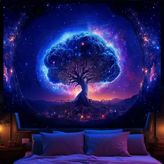 Avinyl Schwarzlicht-Baum- und Weltraum-Wandteppich für Schlafzimmer, ästhetisches, cooles Schwarzlicht, Baum des Lebens, Wandteppiche für Mädchen, Fantasie-Sterne, Galaxie, Wandbehang für Wohnzimmer,