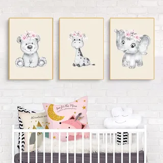 3er Set Poster Niedliches Tier, Baby-Elefant Grau Bilder Kinderzimmer Deko Junge Mädchen Babyzimmer Kinderbilder (B,30x40cm)