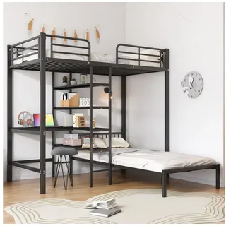 Flieks Etagenbett, Metallbett Kinderbett 90x200cm mit Leiter, Schreibtisch und Regalen schwarz