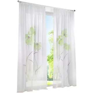 BAILEY JO 1er-Pack Gardine Floral Gardinen Schlaufen mit Blumen Druck Transparent Voile Vorhang (BxH 150x225cm, Grün mit Kräuselband)