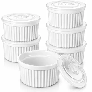 vancasso RAMEKINS 200ml Soufflé Förmchen Set von 6, Ø9,5cm Creme Brulee Schälchen Backofen sicher, Porzellan Soufflés mit Deckel, Kleine Keramik-Schalen, Mini Auflaufformen zum Backen, Weiß
