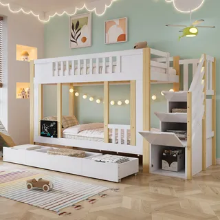 Etagenbett, Kinderbett, Treppenschrank Mit Stauraumfunktion, Drei Schubladen Auf Rollen, Kleine Tafel Zum Kritzeln, Kiefer + Mdf+pb+sperrholz, Weiß+natur, 90x200cm