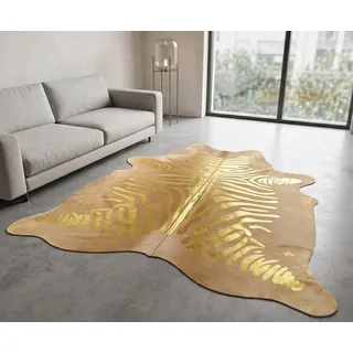 KUHFELL online & NOMAD Fellteppich Kuhfell Grau Beige mit Silber Gold & Kupfer Metallic Zebra Prägung goldfarben
