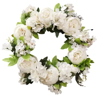 MEUMITY Weißer Türkranz, 39 cm, künstliche Pfingstrosenkranz, Frühlings- und Sommerkranz für Haustür Wand Garten Dekoration Hochzeit Party Zubehör