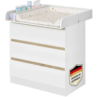 Woltu Wickelkommode mit Wickelaufsatz, Wickeltisch, Kommode mit 3 Schubladen, Wickelaufsatz abnehmbar, mit Kippschutz, 86 cm für Lendenwirbelschutz, Weiß+Eiche