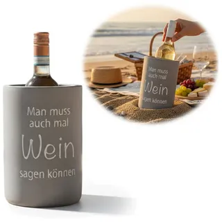 LS-LebenStil Weinkühler Beton 21x13 cm Shabby Grau Spruch Wein Flaschenkühler Sektkühler, Slogan "Mann muss auch mal Wein sagen", perfekt zum Kühlen grau|weiß