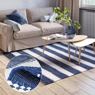 MY-RUG Fleckerlteppich 80x150 cm - Flickenteppich Blau Weiß Handgewebt