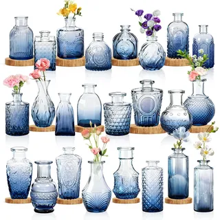 FIVMEN Kleine Vase Set für Tischdeko 24er Mini Glasvase Blumenvase mit Reliefdesign Vintage Vasen Glas Blumenvasen Verschiedene Größe für Hochzeiten, Partys und Hause Deko, Blau