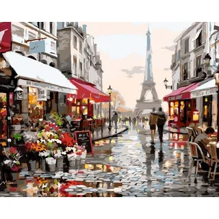 Artnapi Malen nach Zahlen Erwachsene ohne Rahmen | DIY Handgemalt | Ehepaar in Paris | Kit für Anfänger und Erwachsene | Set inklusive Acrylfarben & Pinsel | 40x50cm Leinwand