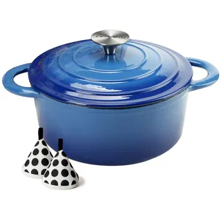 Dutch Oven Dutch Oven Gusseisen 5 L emailliertes Gusseisen Dutch Oven Topf mit selbsthaftenden Deckel, blau, strapazierfähig, emailliertes Gusseisen, Topf für Familie oder Freunde