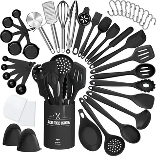 Küchenhelfer Set, 43-teiliges Silikon Kochutensilien Kochbesteck Set, Hitzebeständiger Kochgeschirr mit Utensilienhalter, Antihaft Kochset Küchenutensilien, Spülmaschinenfest - Schwar
