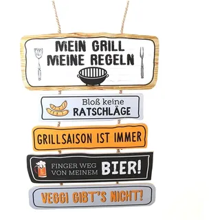 LB H&F Holzschild Holzbild Grillregeln mit 5 Sprüchen - Deko-Schild für Grillecke – „Mein Grill, Meine Regeln“ - Schild XL Grillen Bier Männer Deko Grillecke Außenküche 46 x 35cm