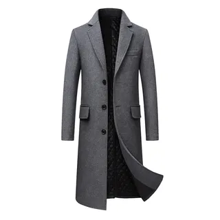Langer Trenchcoat aus Wollmischung für Herren Klassische Einreihige Businessjacke Winter Gekerbt Revers Top Pea Coats Mantel (4XL,Grau)