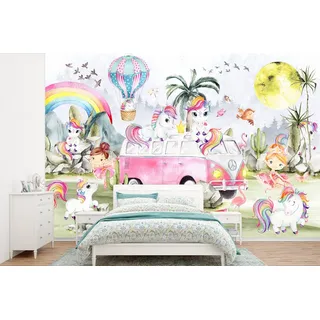 MuchoWow Fototapete Einhorn - Regenbogen - Kinder - Mädchen - Auto, Matt, bedruckt, Wallpaper für Wohnzimmer, Schlafzimmer, Vinyl Tapete, 600x400 cm bunt 6 m x 4 m