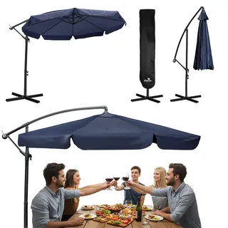 Plonos Sonnenschirm Ampelschirm Gartenschirm Groß Wasserfest Faltbar Verstellbar Neigungswinkel Sonnenschutz Mit Abdeckung 8 Segmente Ø 350 cm Dunkelblau - 350 cm x 250 cm