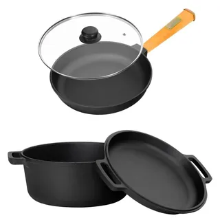Gusseisen Set Ø24 cm Topf Gusseisentopf Deckel-Bratpfanne Kochtopf Bratpfanne Glasdeckel Brotbacken Brotbackform alle Herdarten inkl. Induktion