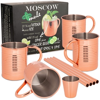 ONVAYA® Moscow Mule Becher Geschenk Set | Kupferbecher für Cocktails | Pinchen | Kupfertassen | Komplettset Gin Mule | Munich Mule (Dosen Design)
