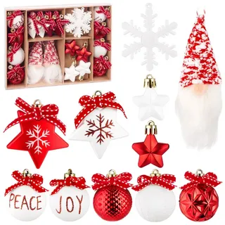 BRUBAKER Christbaumschmuck Rot und Weiß - Weihnachtskugel Set mit Wichtel Zwergen, Schneeflocken (24-tlg), Baumkugeln mit roten Schleifen - Baumschmuck rot